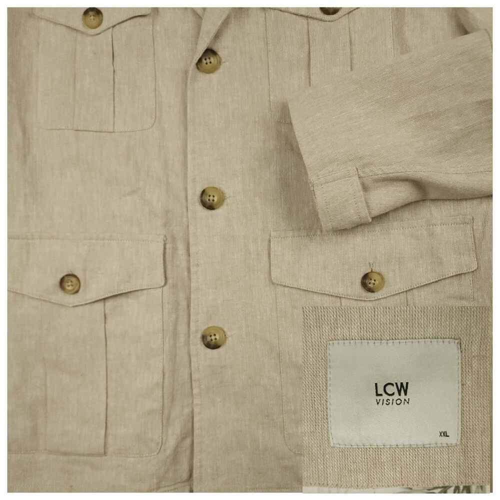 Mens Safari Field Jacket XL Linen Cotton Chore Elbow Patch Pocket Utility Cream